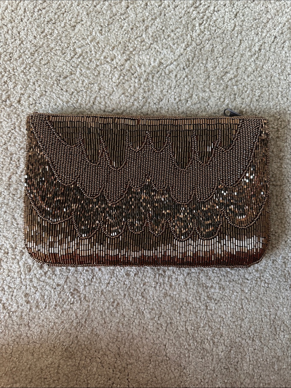 Lord & Taylor Beaded Metallic Brown Evening Clutch, Zipper Bag